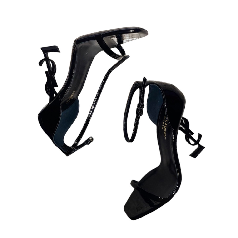 YSL Saint Laurent Black Opyum Logo Heel Strappy Sandals Size 38 Euro